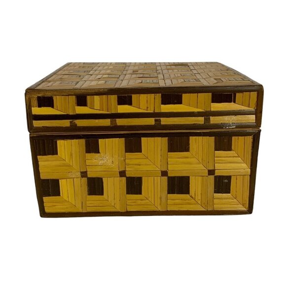 Handmade Straw Trinket Box Square Geometric Decorative Stash Organization - Picture 4 of 10